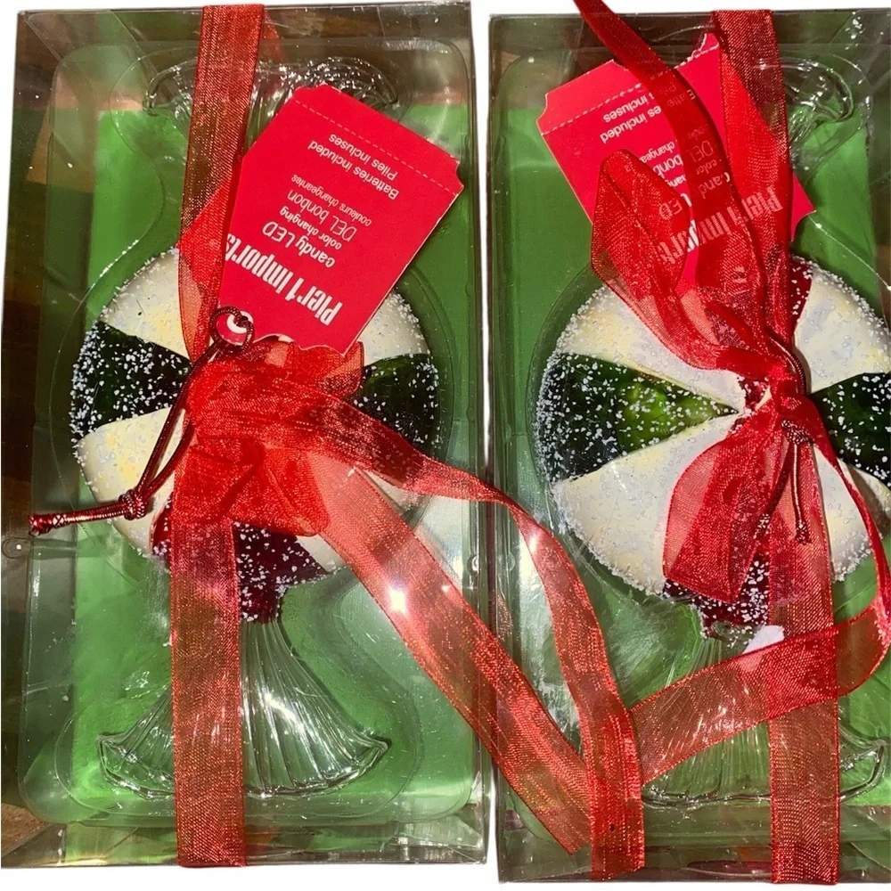 2 Pier 1 LED Del bonbon Peppermint Candy Light Up Ornaments Red White Green 6.5”